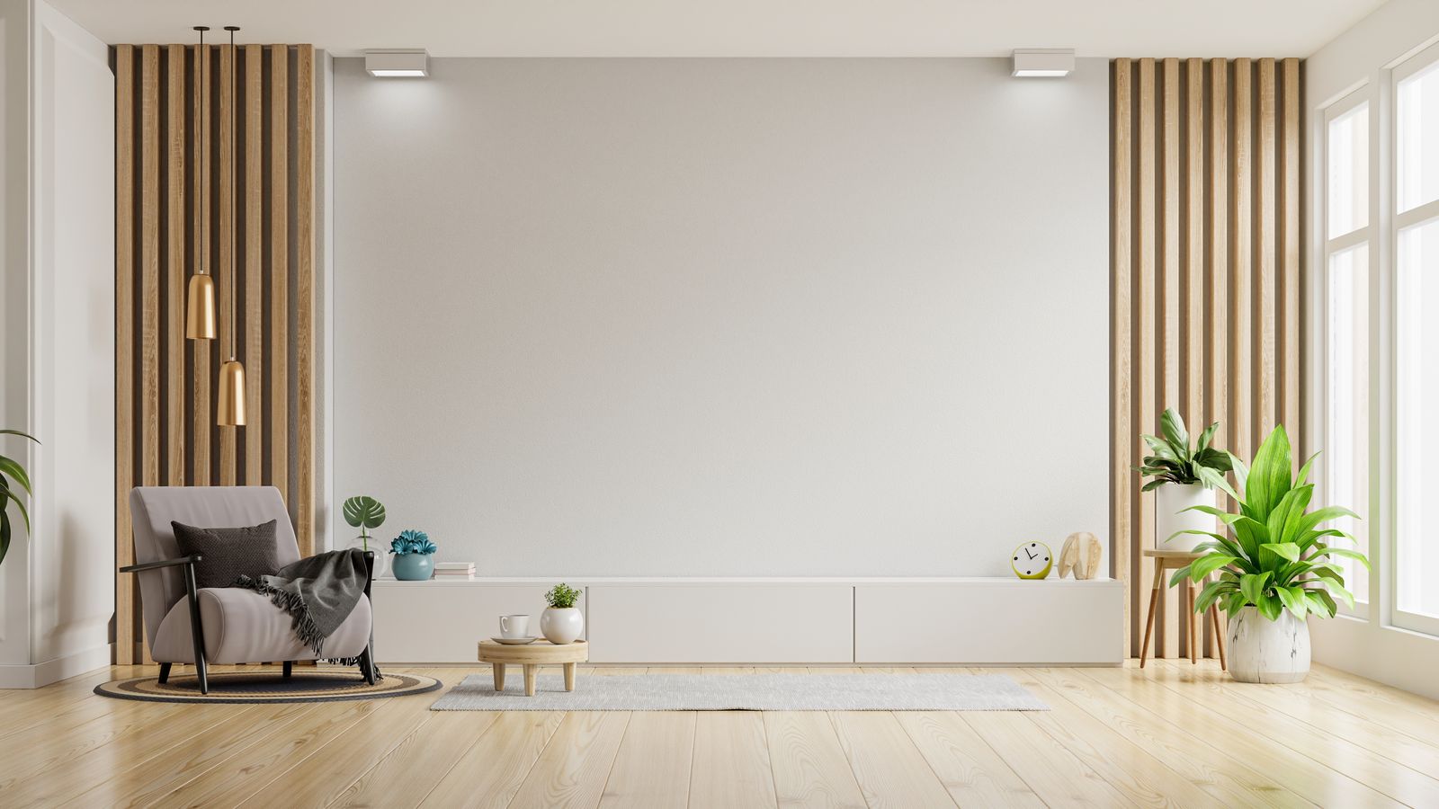 Living room with wood slat accent wall panels