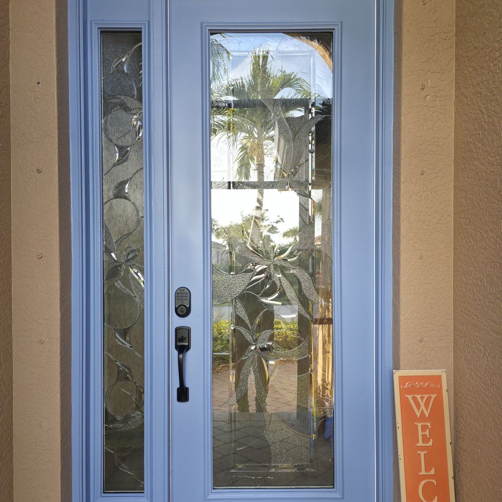 Front door refinished in light blue by Renovari